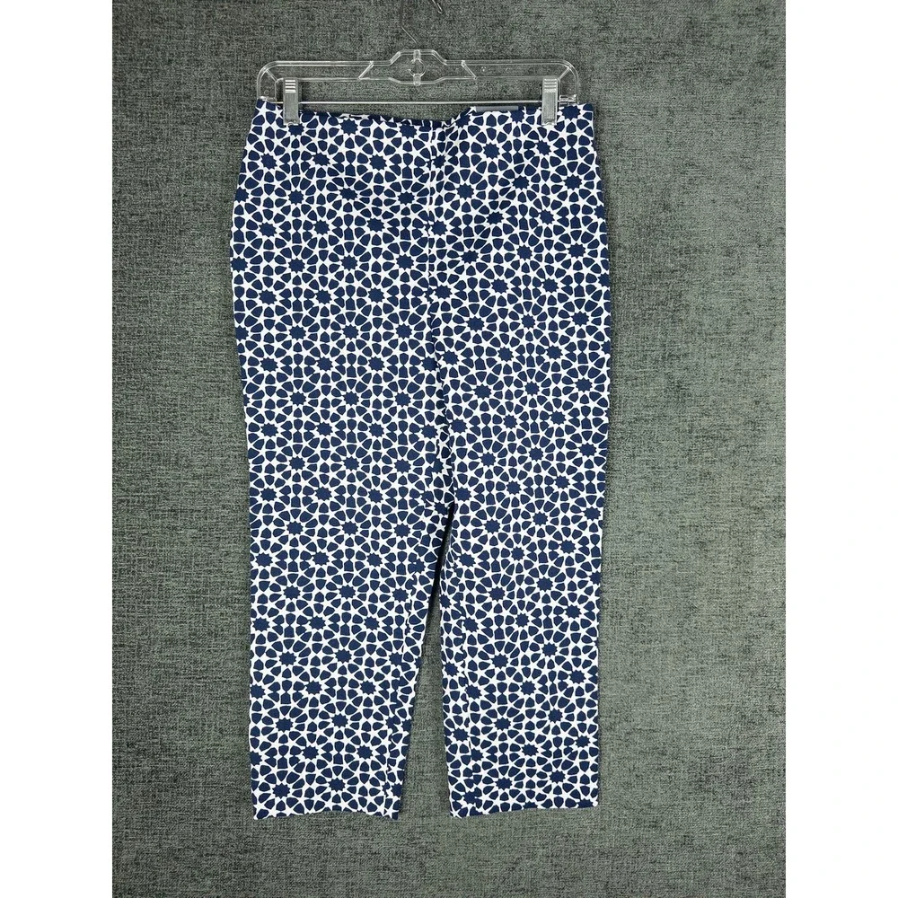 NWT Talbots Chatham Crop Pant Womens 10P Navy Blue White Geometric Print Slim Le